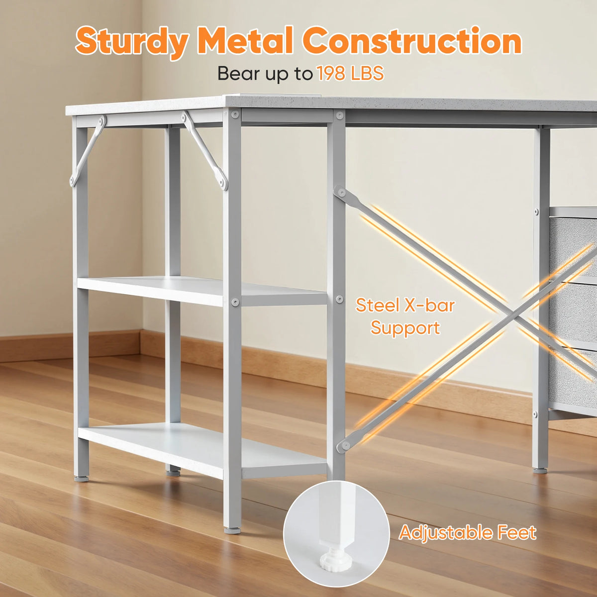 MCQ 47 Inch L Shaped Standing Office Desk with 3 Fabric Drawers Ergonomic Adjustable Storage Shelf Power Outlet Gaming Table for Home Office Use Workstation