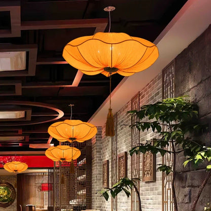Chinese Lantern Pendant Lights Southeast Asian Handmade Fabric Hanging Lamp Restaurant Kitchen Lotus Leaf Suspension Lustre Lamp