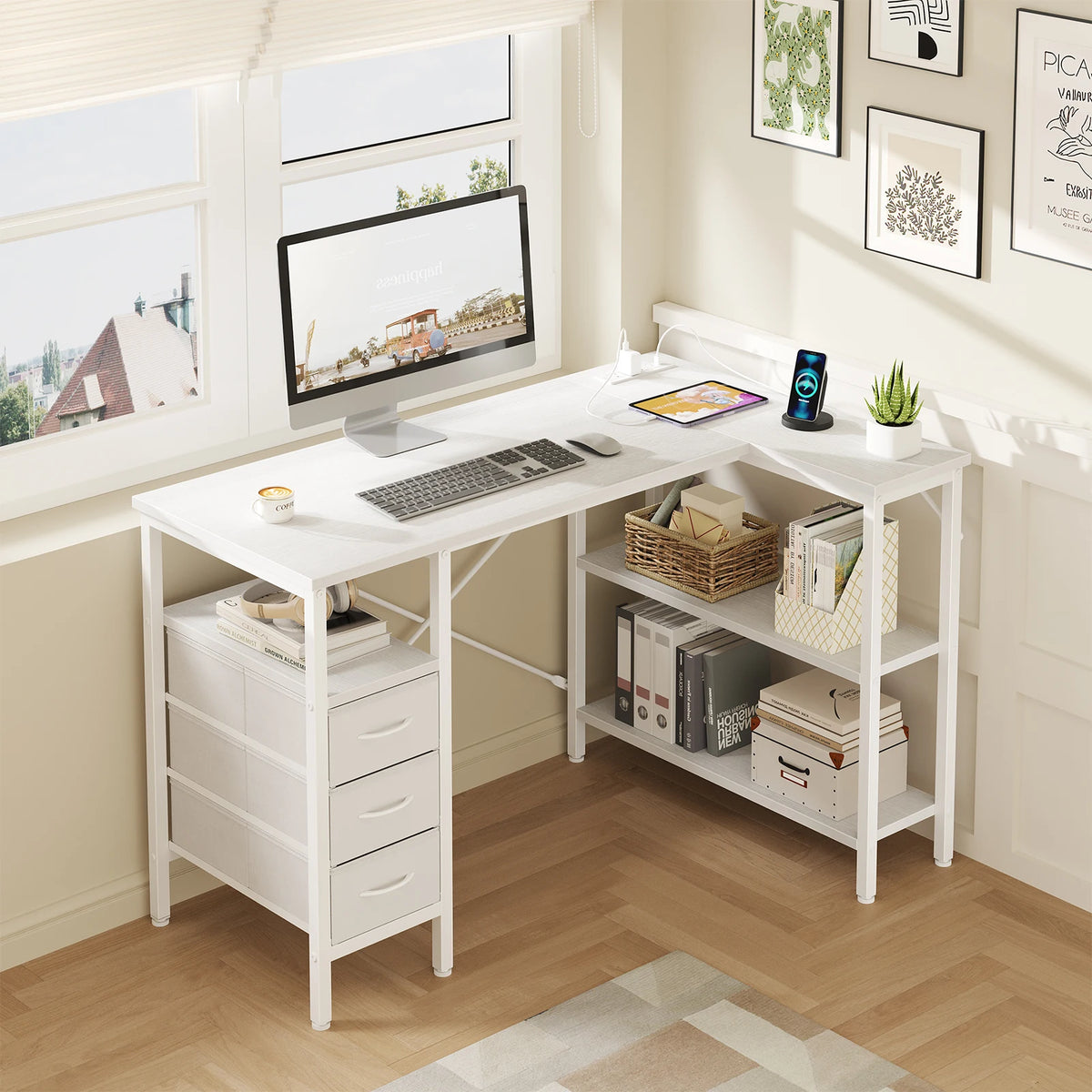 MCQ 47 Inch L Shaped Standing Office Desk with 3 Fabric Drawers Ergonomic Adjustable Storage Shelf Power Outlet Gaming Table for Home Office Use Workstation