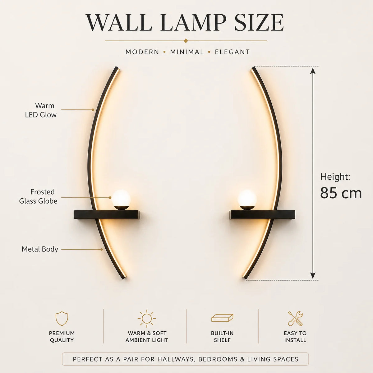 Modern Curved LED Wall Sconce with Globe Lamp, 2‑Pack Indoor Wall Light Fixture, Decorative Wall Lamp for Living Room TV Background Bedroom Hallway Home Decor