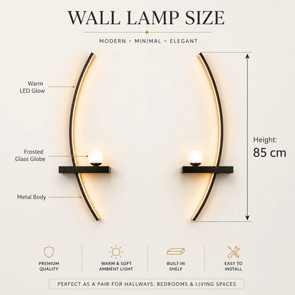 Modern Curved LED Wall Sconce with Globe Lamp, 2‑Pack Indoor Wall Light Fixture, Decorative Wall Lamp for Living Room TV Background Bedroom Hallway Home Decor