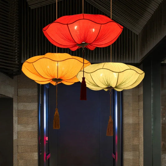 Chinese Lantern Pendant Lights Southeast Asian Handmade Fabric Hanging Lamp Restaurant Kitchen Lotus Leaf Suspension Lustre Lamp