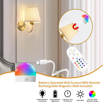 Battery-Powered Wall Light, Wireless Charging Wall Light with Remote Control, Dimmable, 15Rgb, Timer, Suitable for Living Room, Bedroom, Entryway, Gold Color