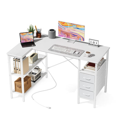 MCQ 47 Inch L Shaped Standing Office Desk with 3 Fabric Drawers Ergonomic Adjustable Storage Shelf Power Outlet Gaming Table for Home Office Use Workstation