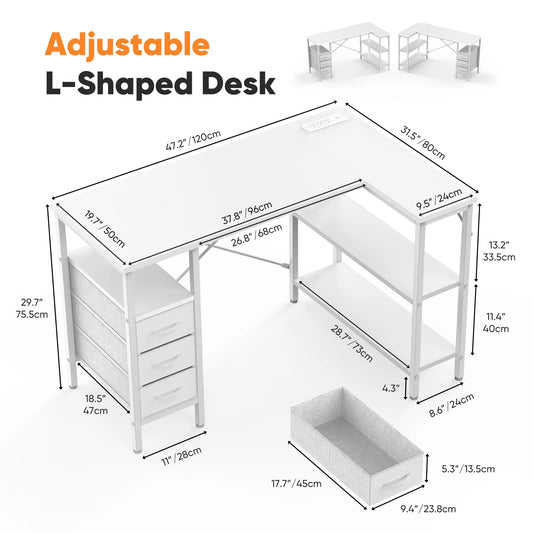 MCQ 47 Inch L Shaped Standing Office Desk with 3 Fabric Drawers Ergonomic Adjustable Storage Shelf Power Outlet Gaming Table for Home Office Use Workstation