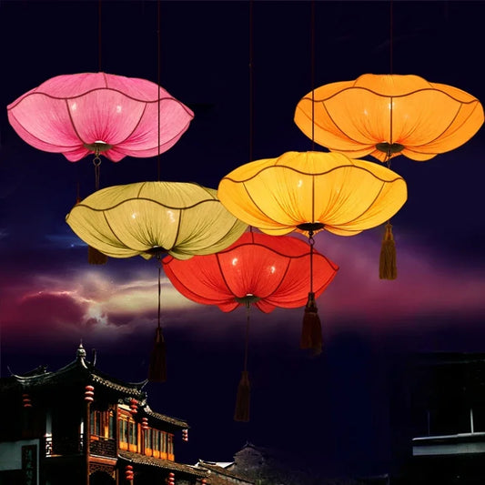 Chinese Lantern Pendant Lights Southeast Asian Handmade Fabric Hanging Lamp Restaurant Kitchen Lotus Leaf Suspension Lustre Lamp